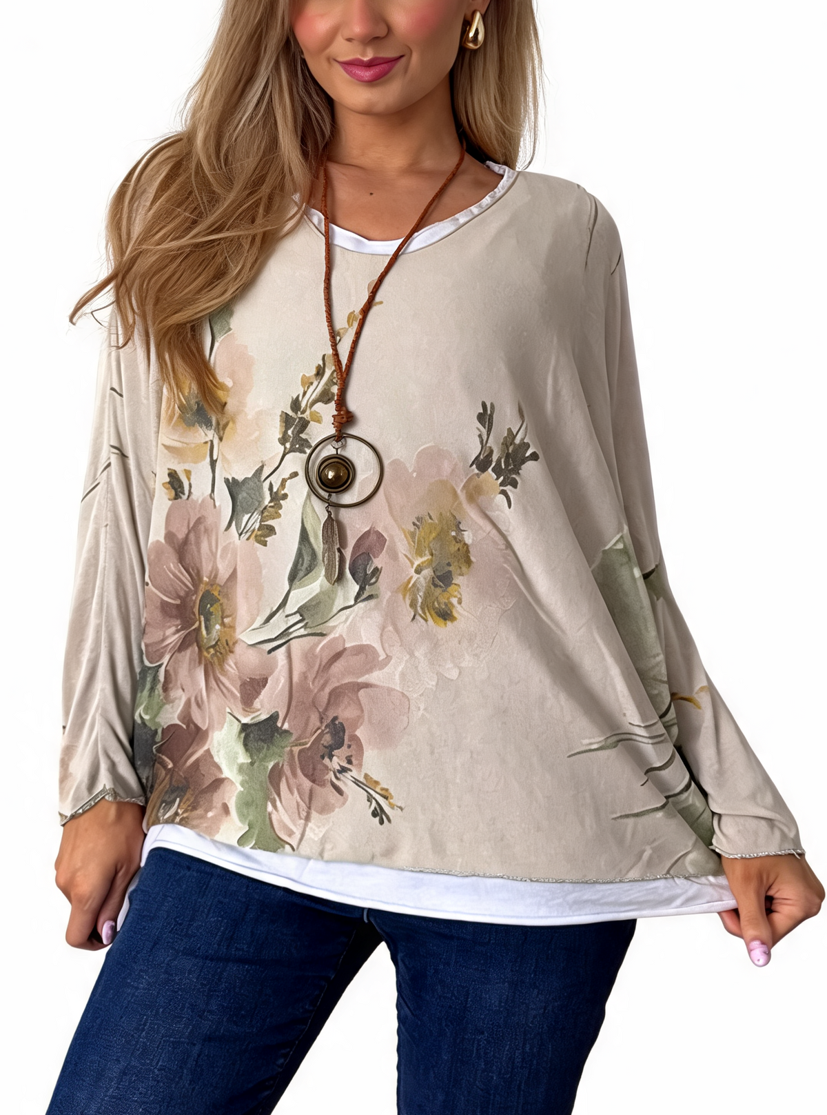 Watercolor Floral Layered-Look Top with Contrast Hem