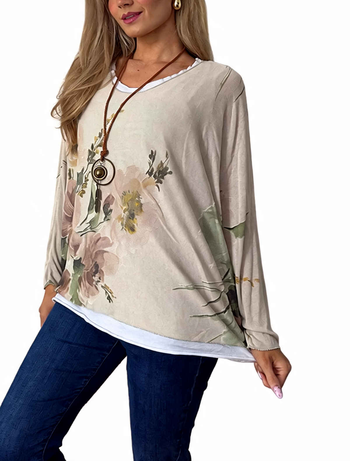 Watercolor Floral Layered-Look Top with Contrast Hem