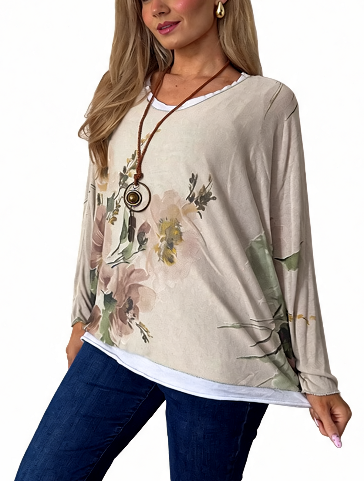 Watercolor Floral Layered-Look Top with Contrast Hem