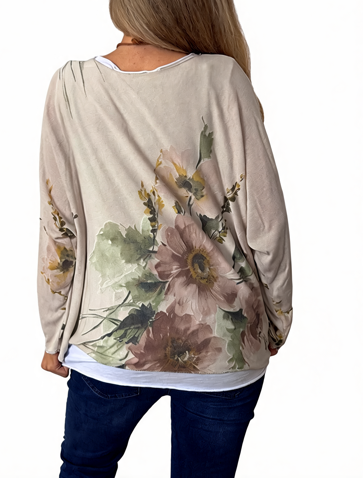 Watercolor Floral Layered-Look Top with Contrast Hem