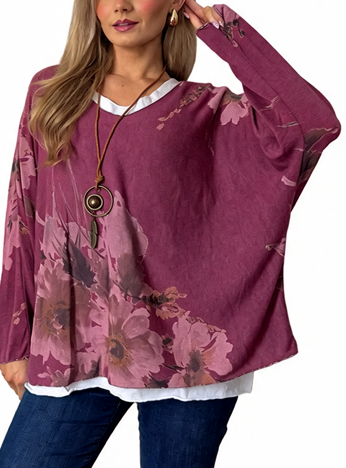 Watercolor Floral Layered-Look Top with Contrast Hem
