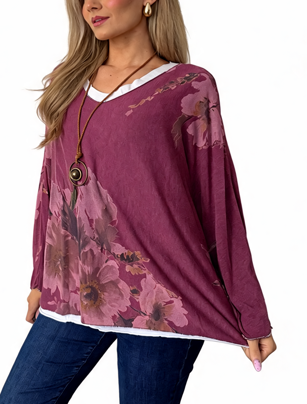 Watercolor Floral Layered-Look Top with Contrast Hem