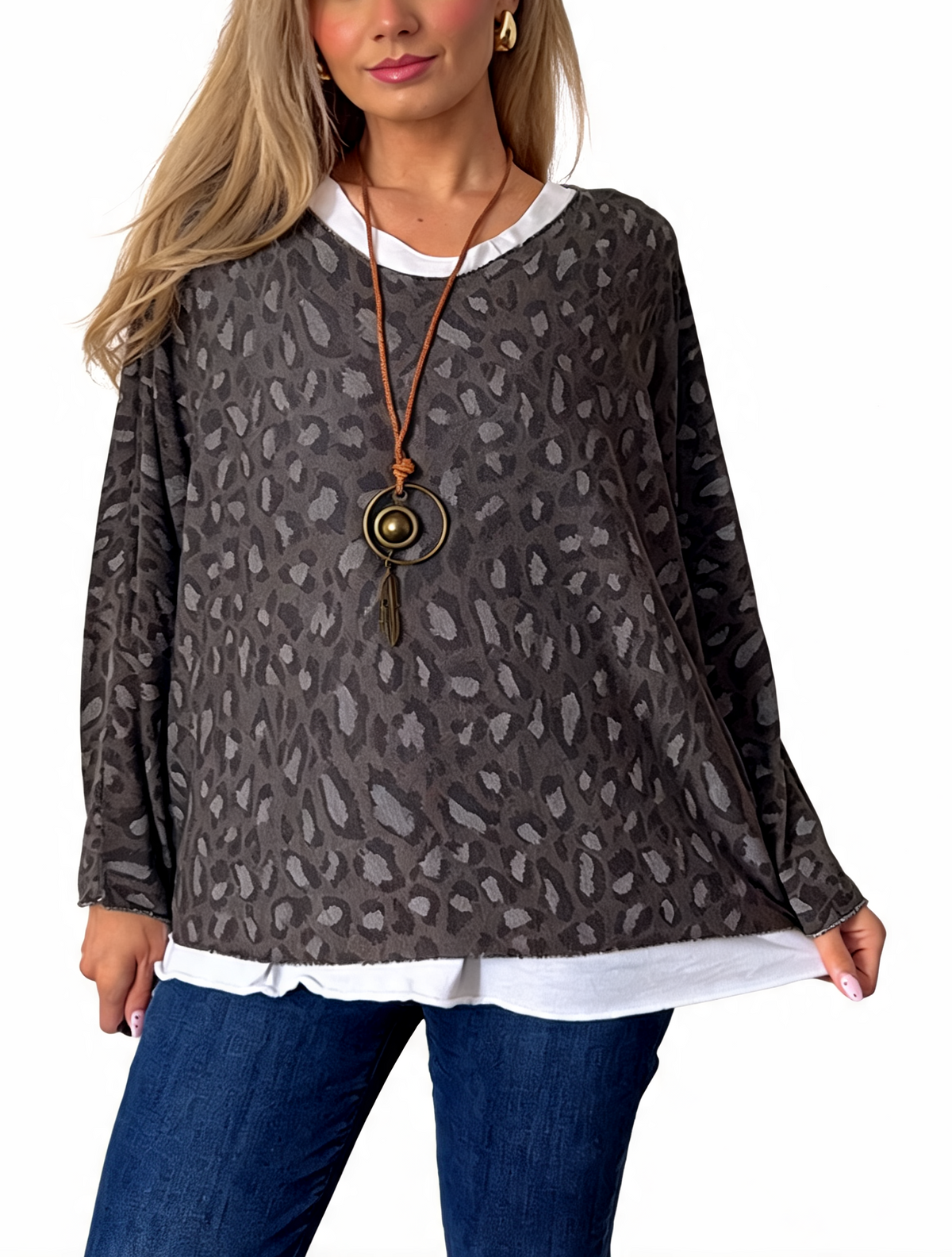 Leopard Print Layered-Look Top with Contrast Hem