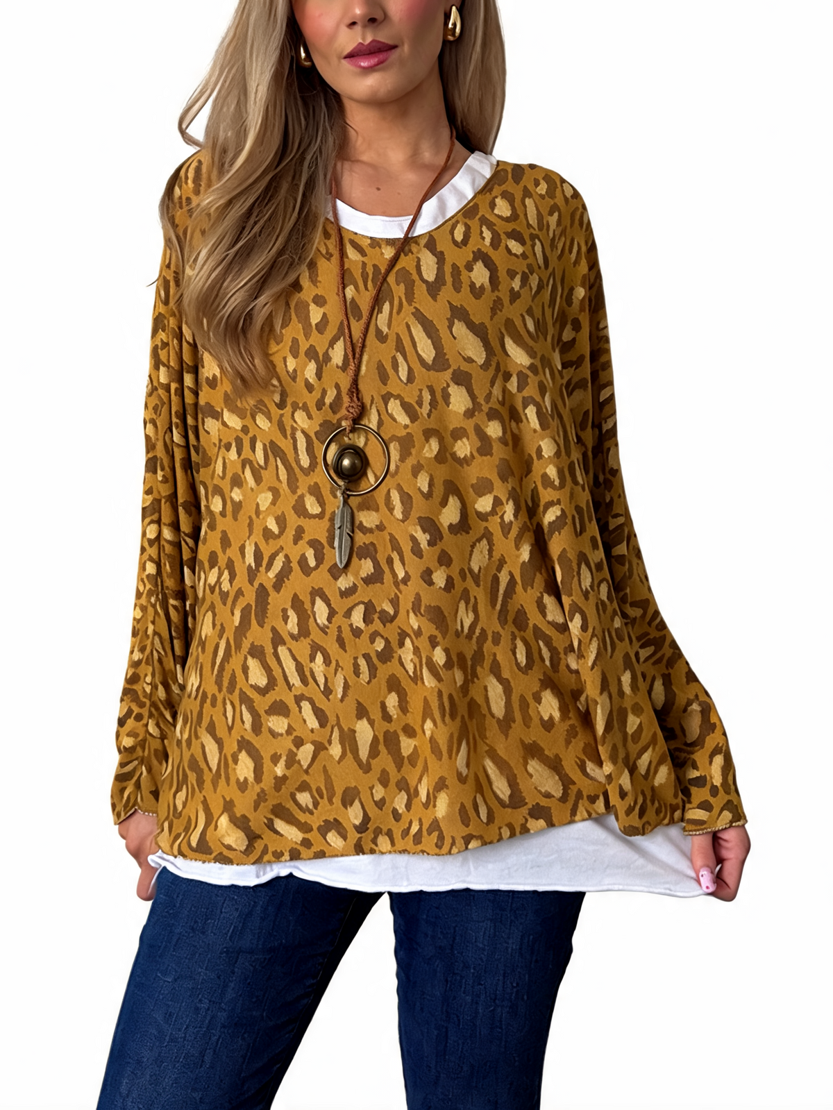 Leopard Print Layered-Look Top with Contrast Hem
