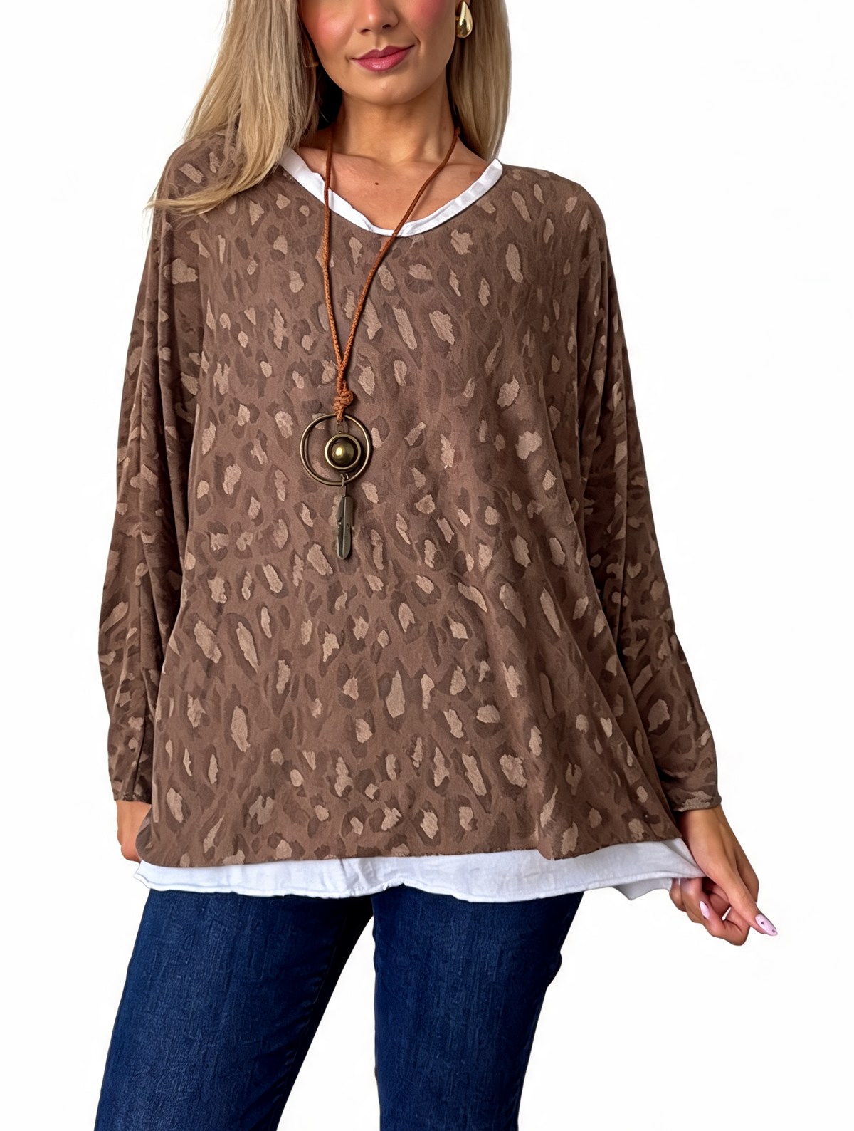 Leopard Print Layered-Look Top with Contrast Hem