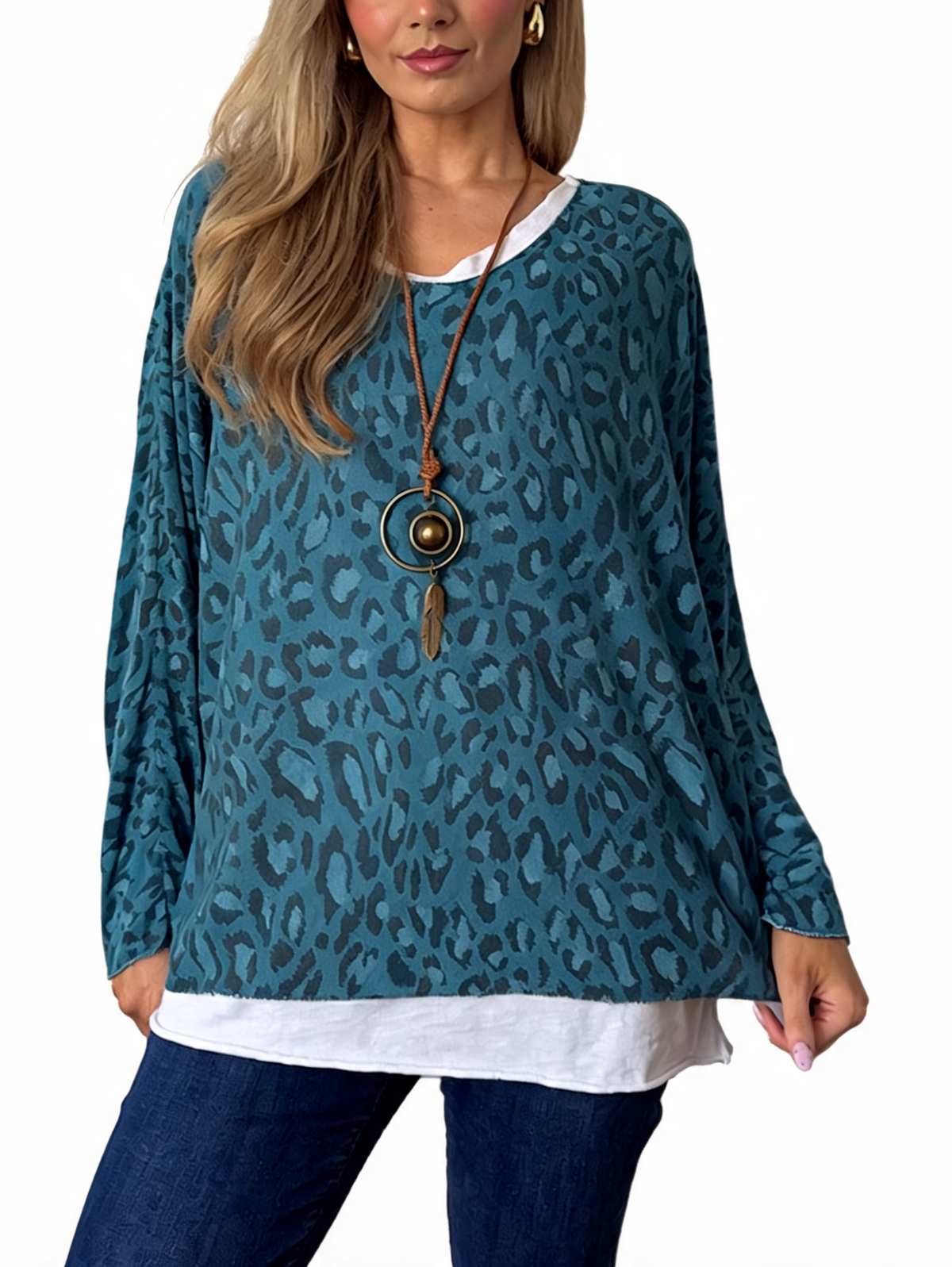 Leopard Print Layered-Look Top with Contrast Hem