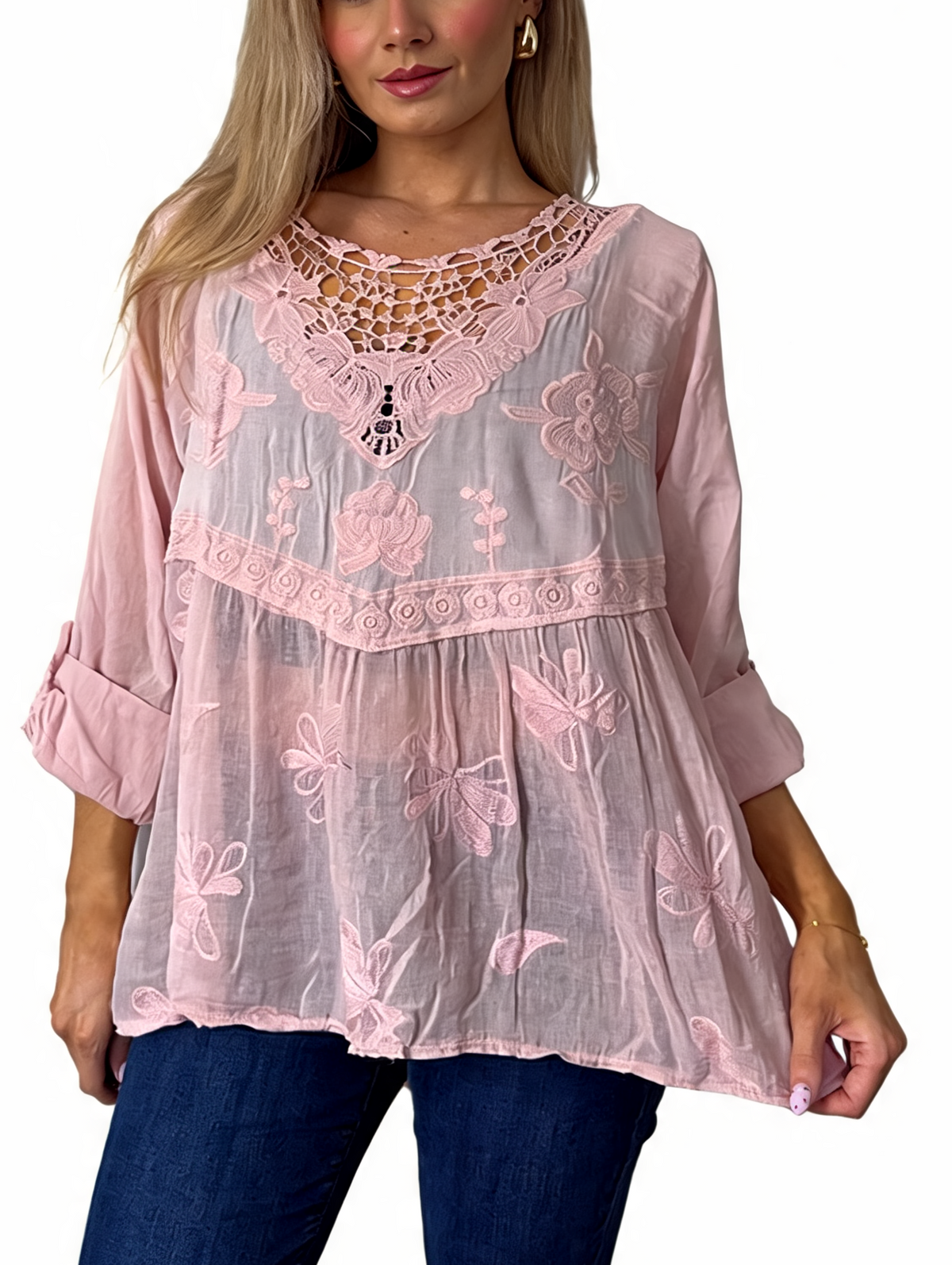 Pink embroidered babydoll top with crochet lace neckline and scalloped hem