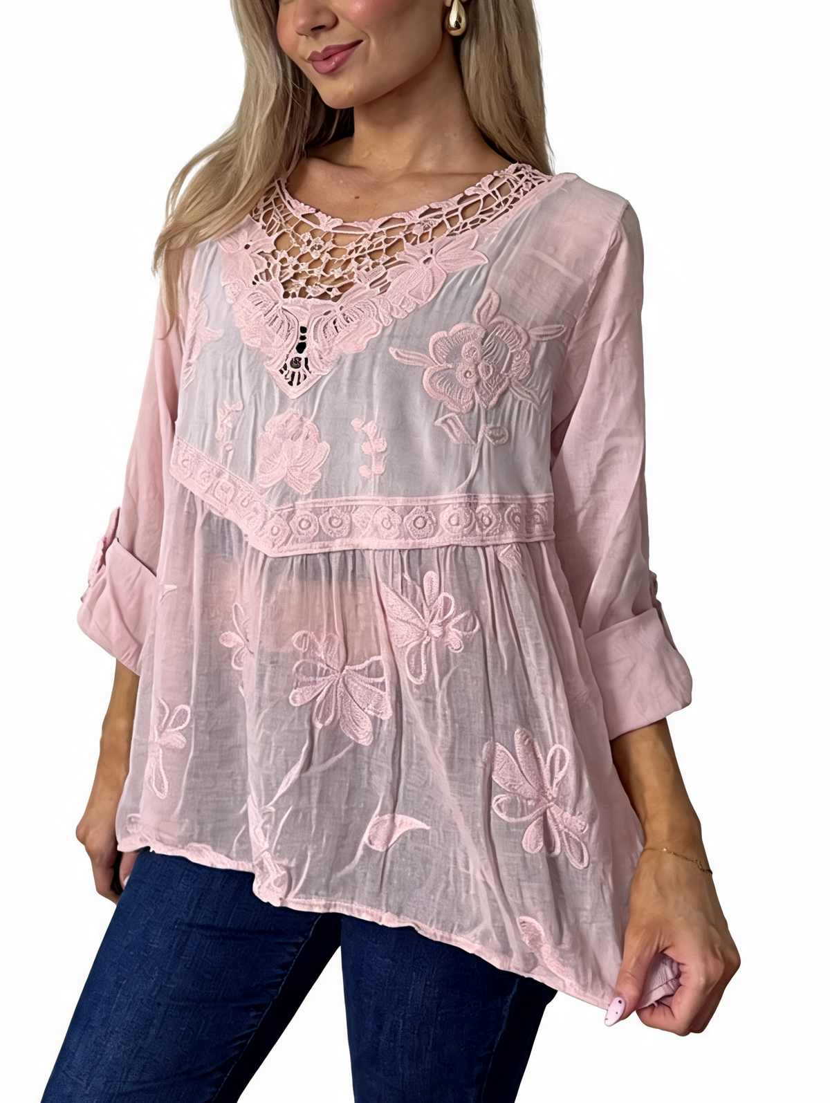 Blush pink babydoll top with crochet lace neckline and floral embroidery, 3/4 sleeves