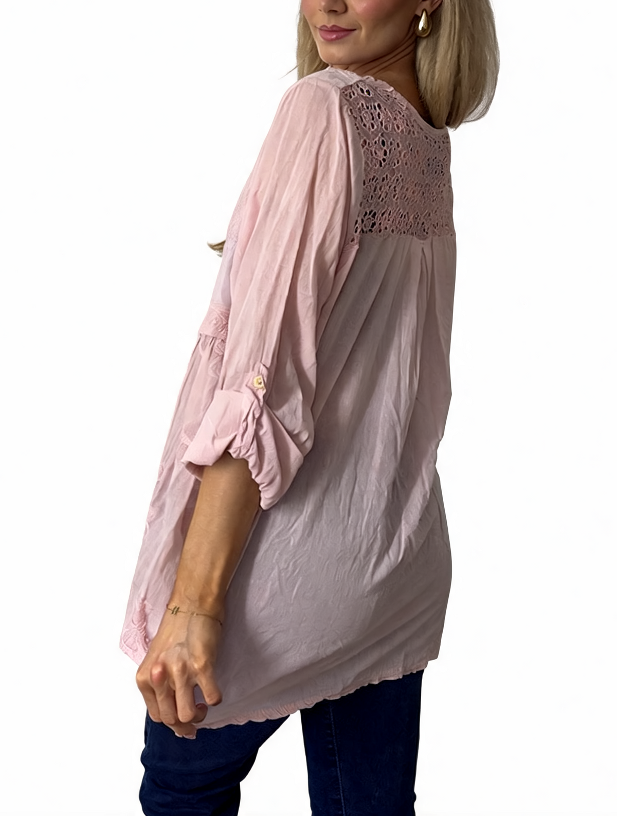 Blush pink babydoll top with crochet lace neckline and embroidered floral yoke