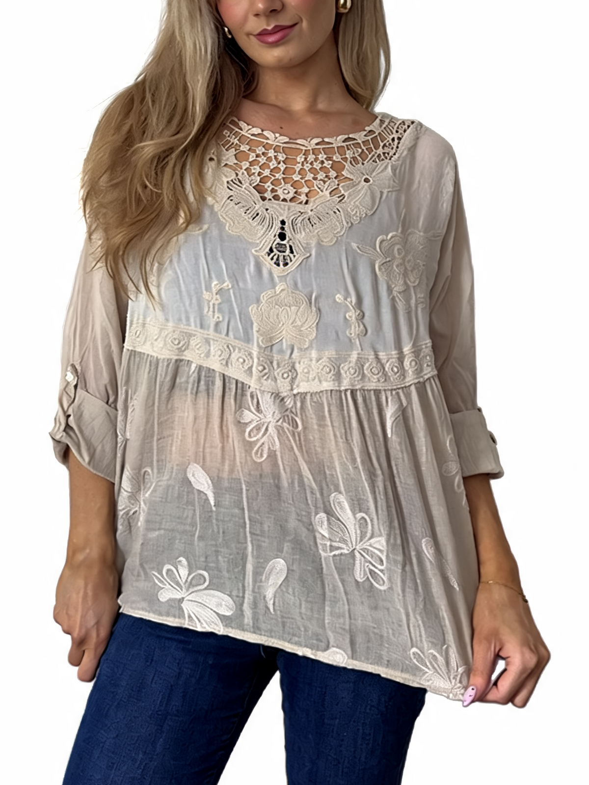 Light taupe embroidered babydoll top with crochet lace neckline and floral trim
