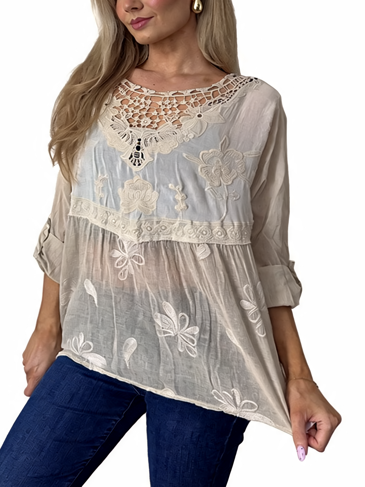 Beige embroidered babydoll top with crochet lace neckline and butterfly floral appliques