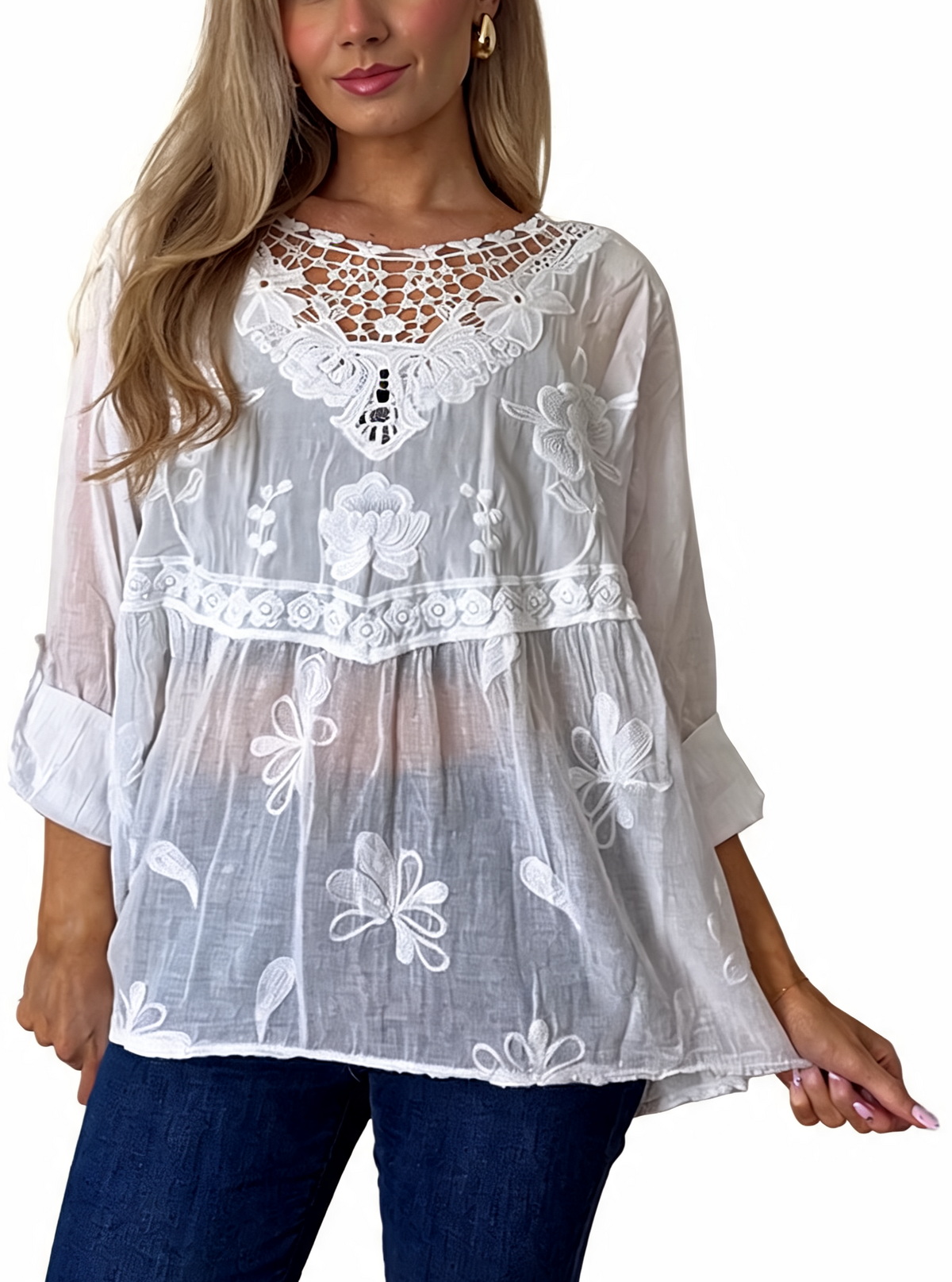 White embroidered babydoll top with crochet lace neckline and floral appliques