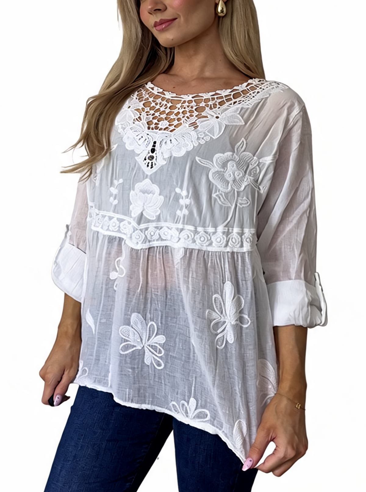 Pale pink embroidered babydoll top with crochet lace neckline and floral appliques