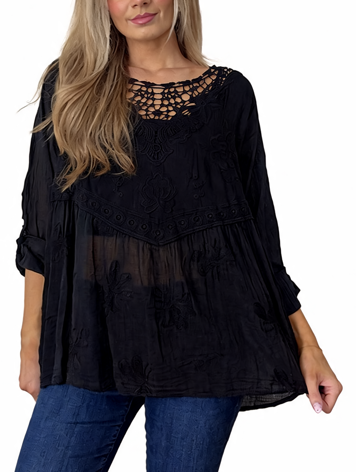 Black embroidered babydoll top with crochet lace neckline and floral appliques