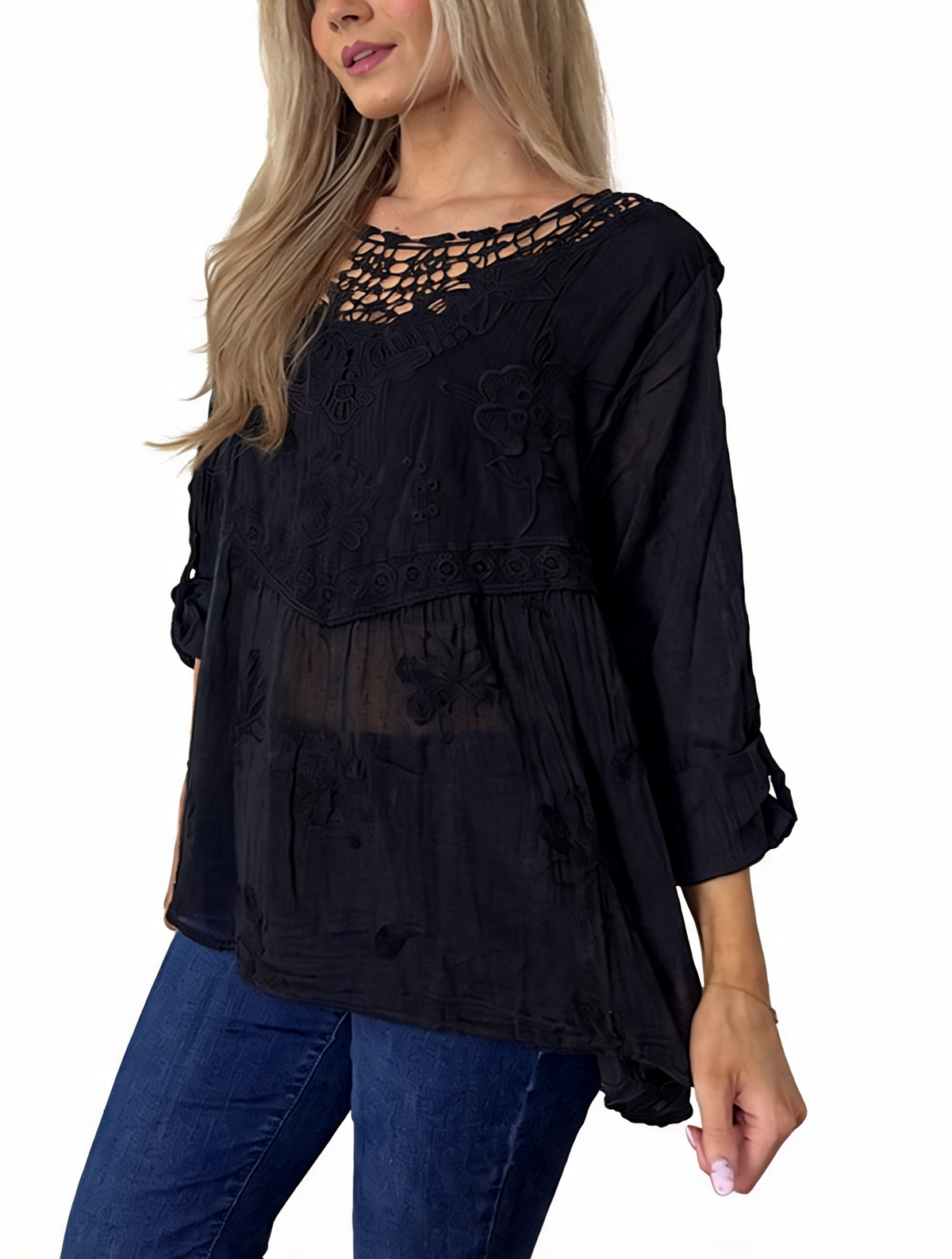 Dark babydoll top with crochet lace neckline, floral embroidery, 3/4 sleeves