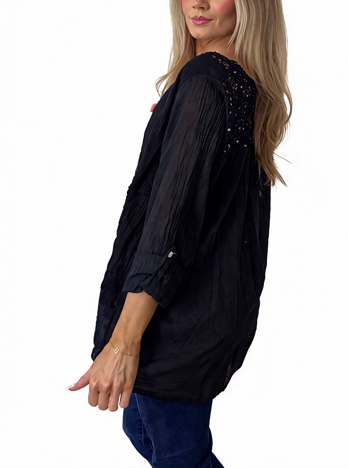 Black babydoll top with crochet lace neckline and floral embroidery detail, 3/4 sleeves