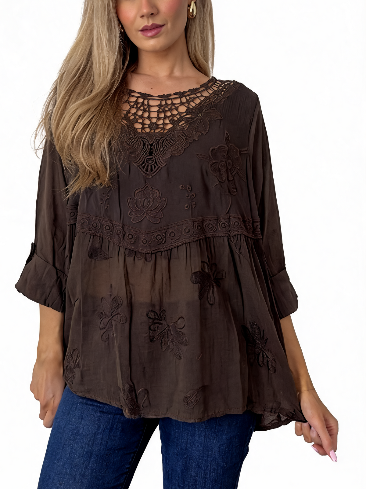 Dark brown embroidered babydoll top with crochet lace neckline and floral details