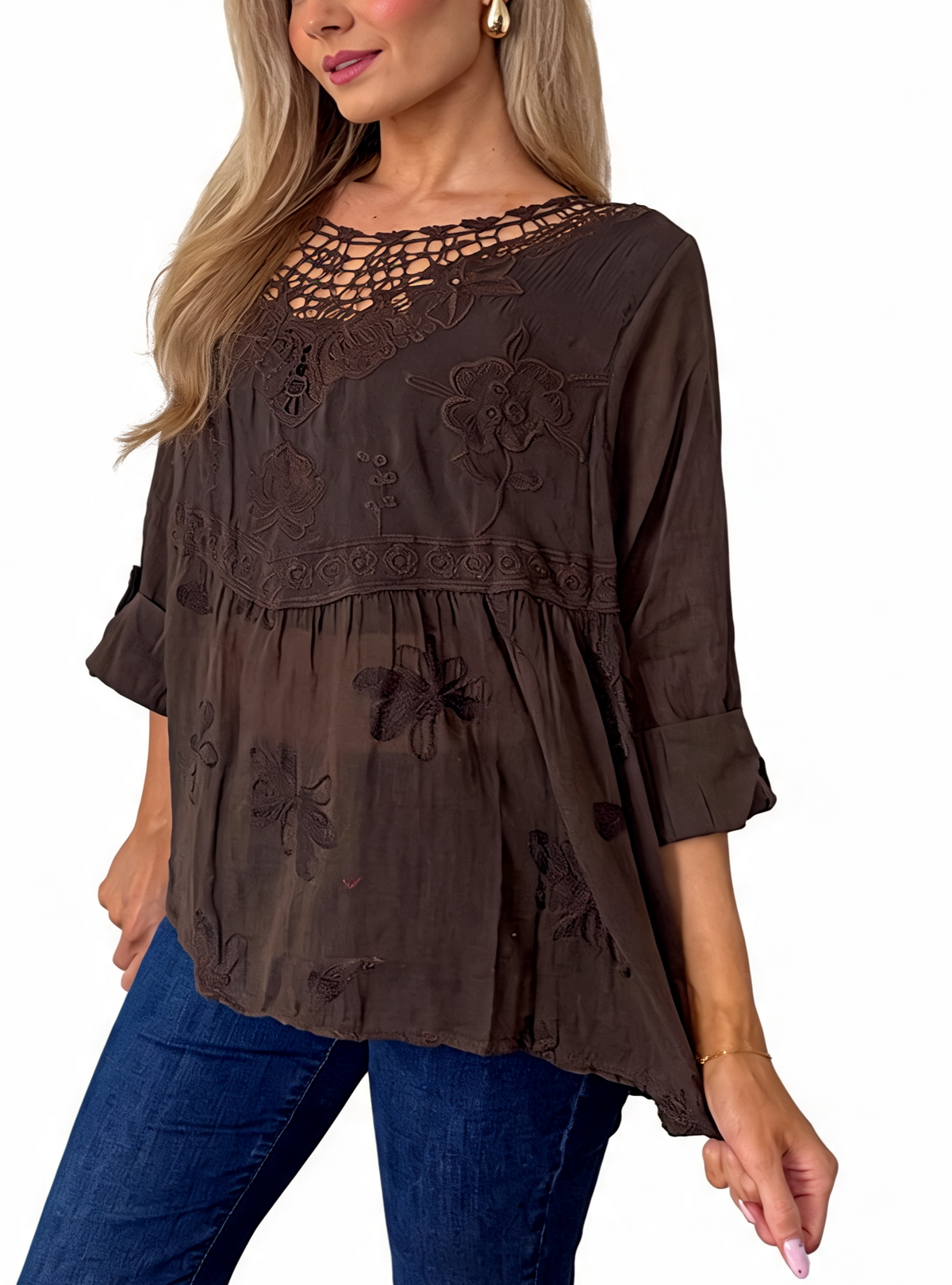 Brown babydoll top with crochet lace neckline and floral embroidery, 3/4 sleeves