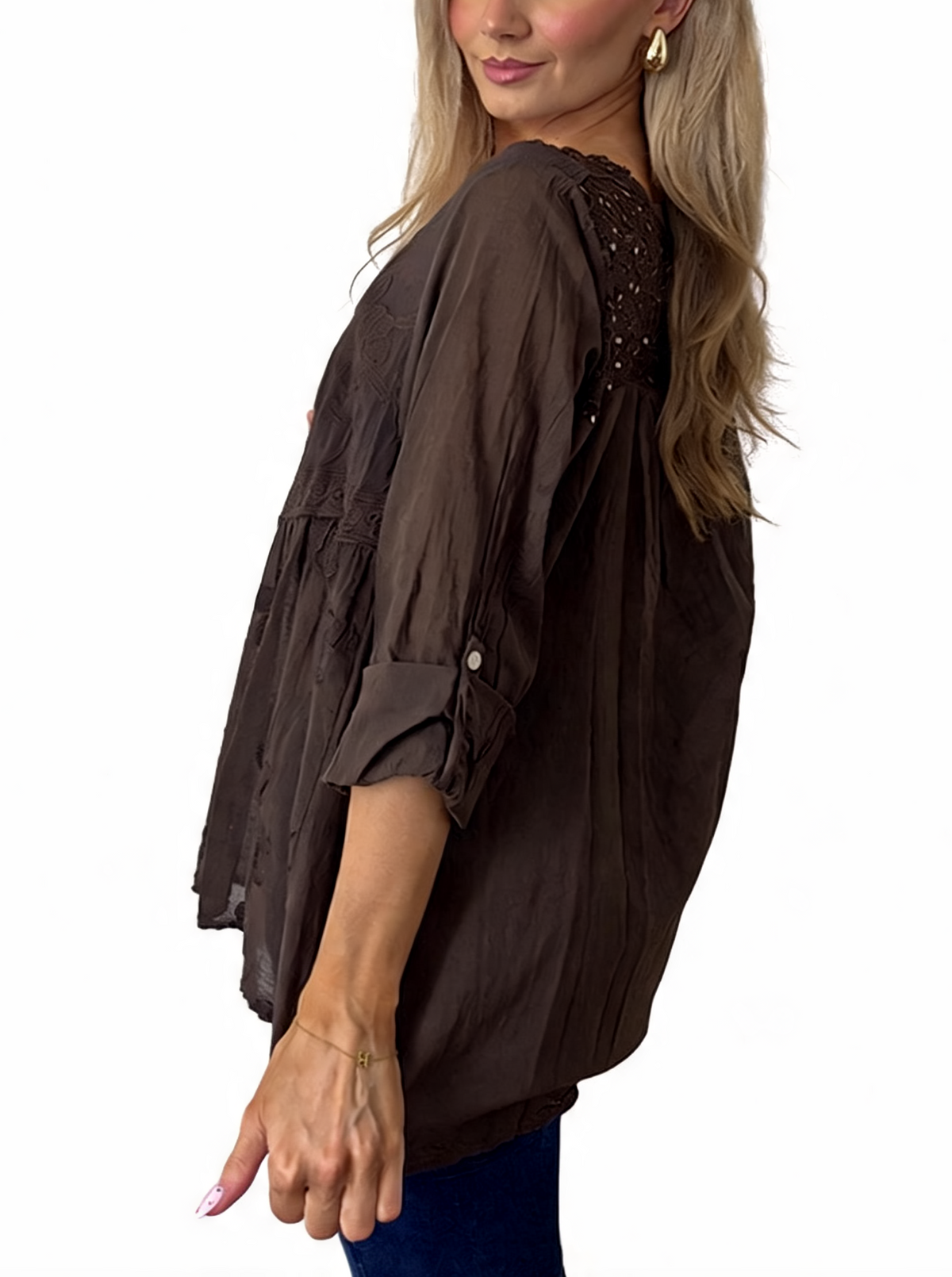 Brown babydoll top with lace-trimmed crochet neckline and embroidered motif, 3/4 sleeves
