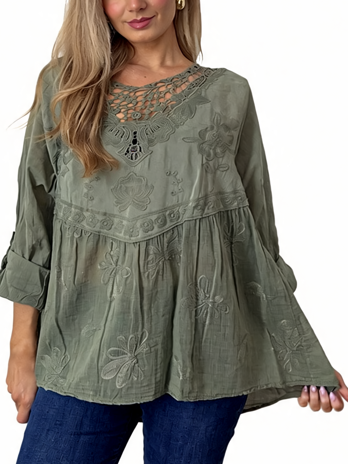 Sage green embroidered babydoll top with crochet lace neckline and floral trim