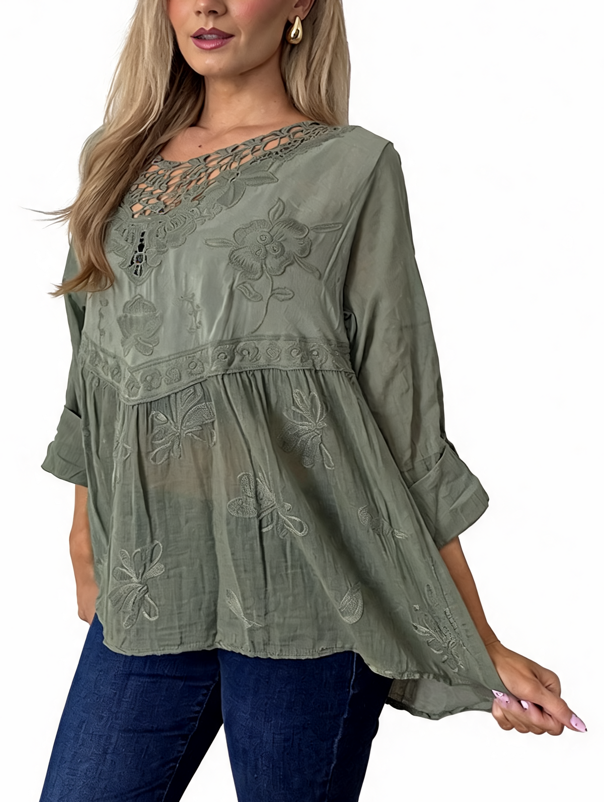 Sage green babydoll top with crochet lace neckline and floral embroidery, 3/4 sleeves