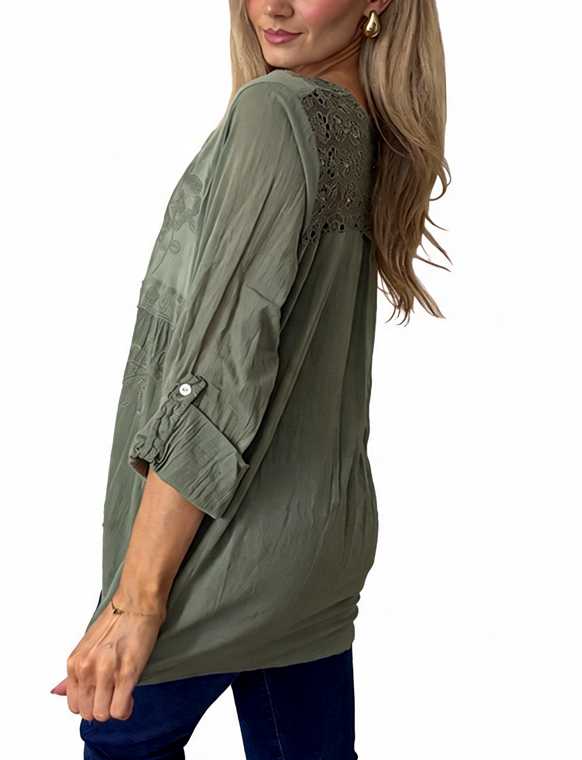 Sage green babydoll top with embroidered lace yoke and 3/4 sleeves, side view