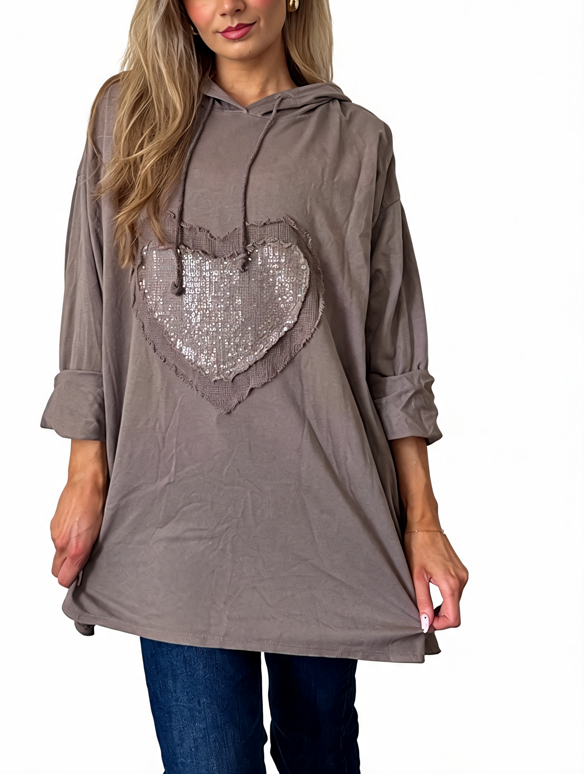 Sequin Heart Patch Oversized Raw Edge Applique Pullover Hoodie