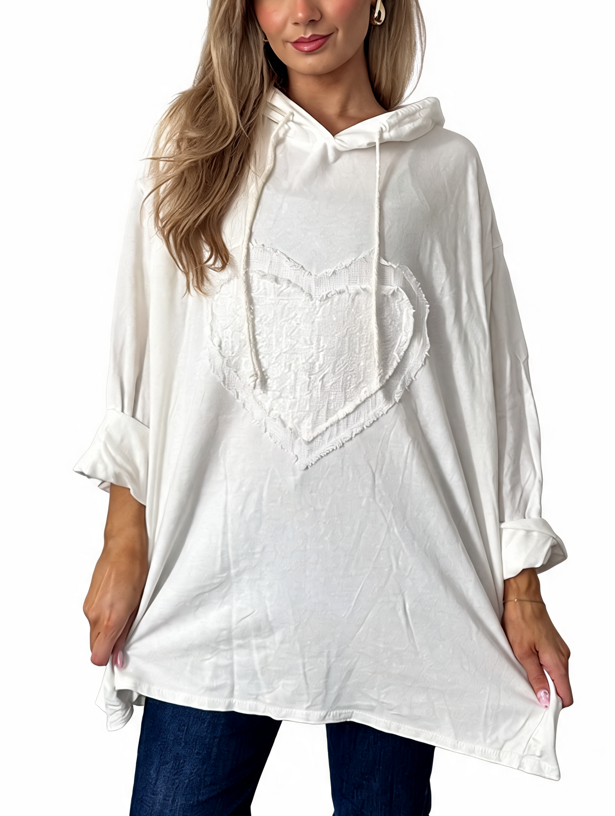 Sequin Heart Patch Oversized Raw Edge Applique Pullover Hoodie