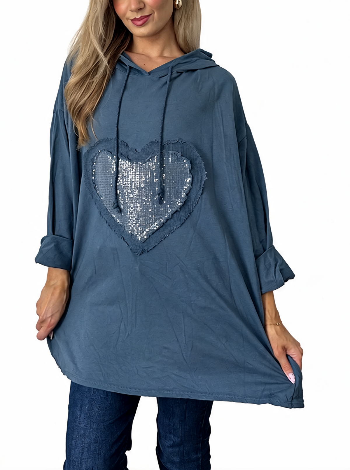 Sequin Heart Patch Oversized Raw Edge Applique Pullover Hoodie