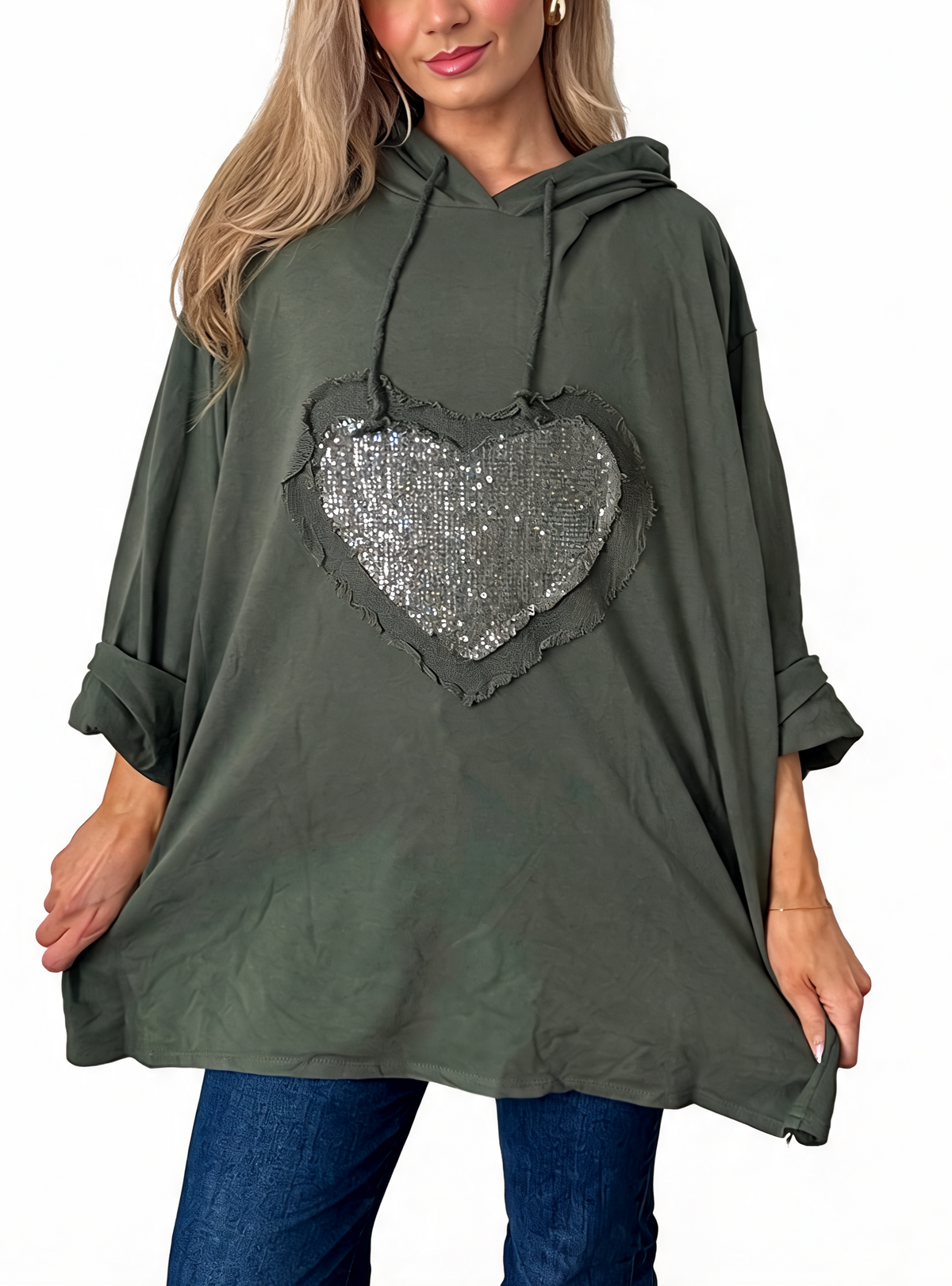 Sequin Heart Patch Oversized Raw Edge Applique Pullover Hoodie