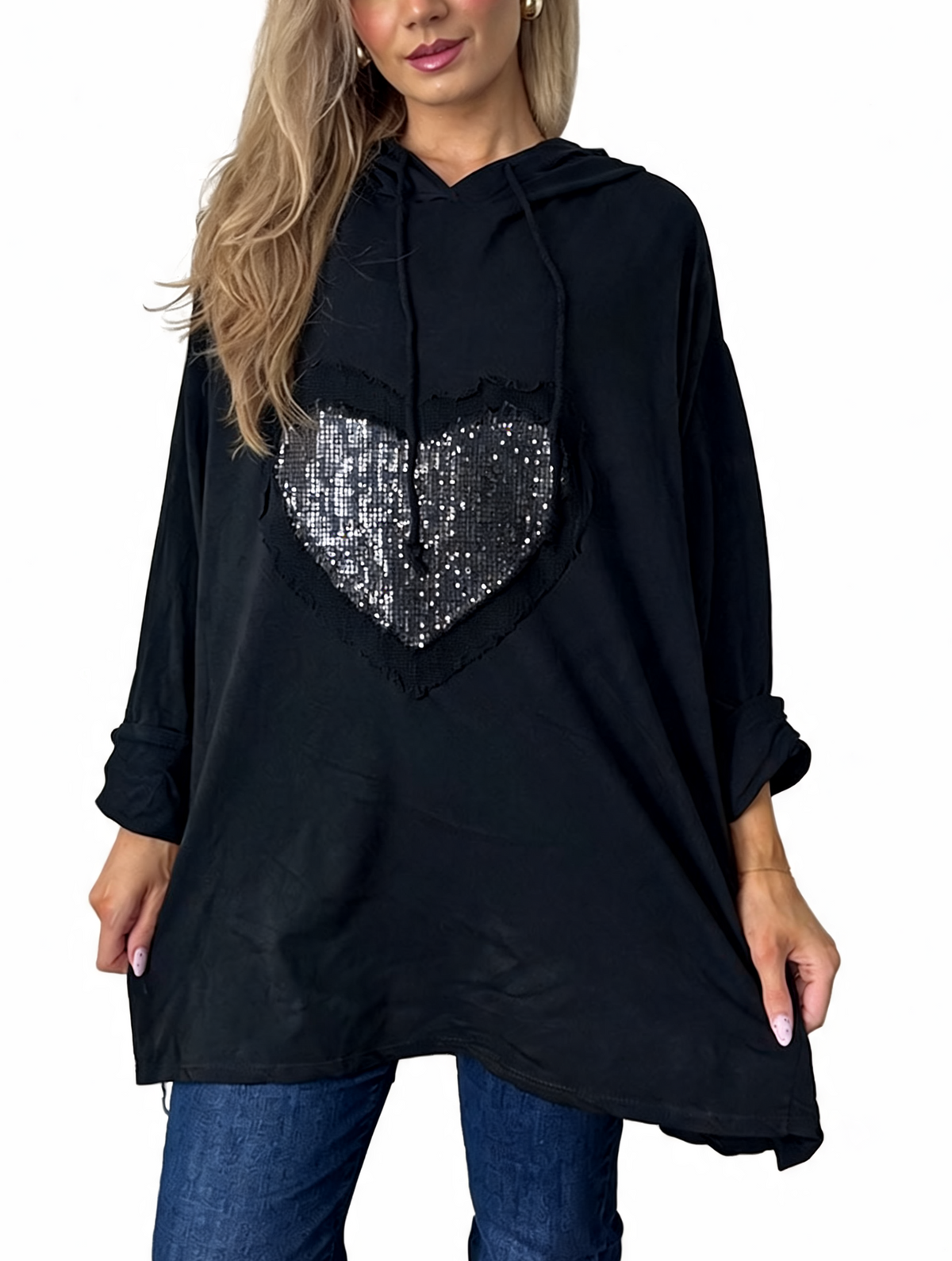 Sequin Heart Patch Oversized Raw Edge Applique Pullover Hoodie