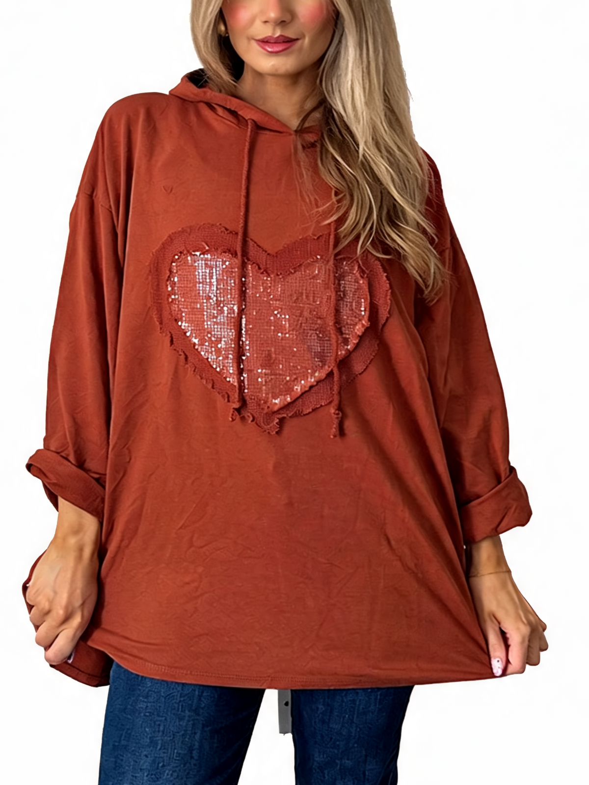Sequin Heart Patch Oversized Raw Edge Applique Pullover Hoodie