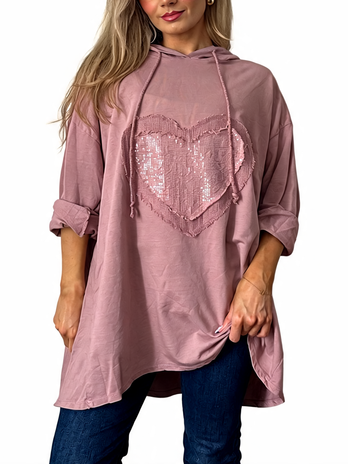 Sequin Heart Patch Oversized Raw Edge Applique Pullover Hoodie