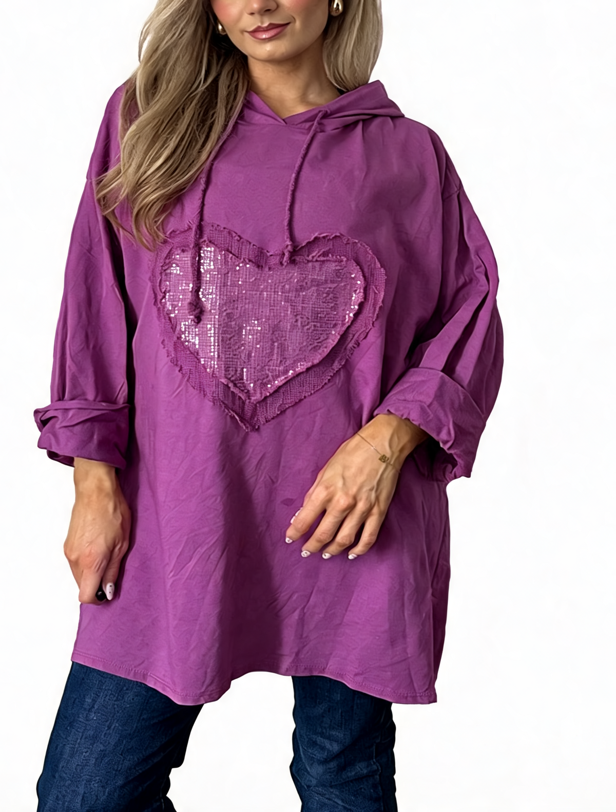 Sequin Heart Patch Oversized Raw Edge Applique Pullover Hoodie