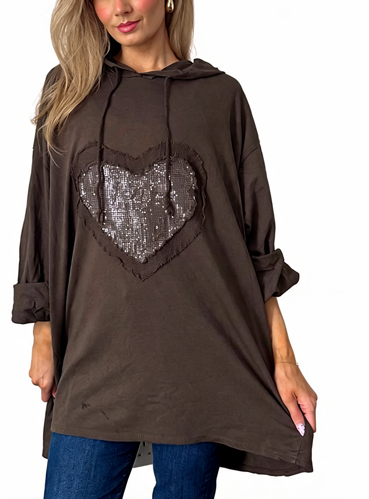 Sequin Heart Patch Oversized Raw Edge Applique Pullover Hoodie