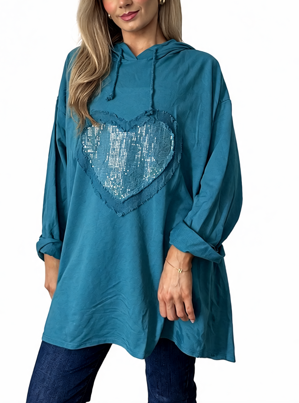 Sequin Heart Patch Oversized Raw Edge Applique Pullover Hoodie