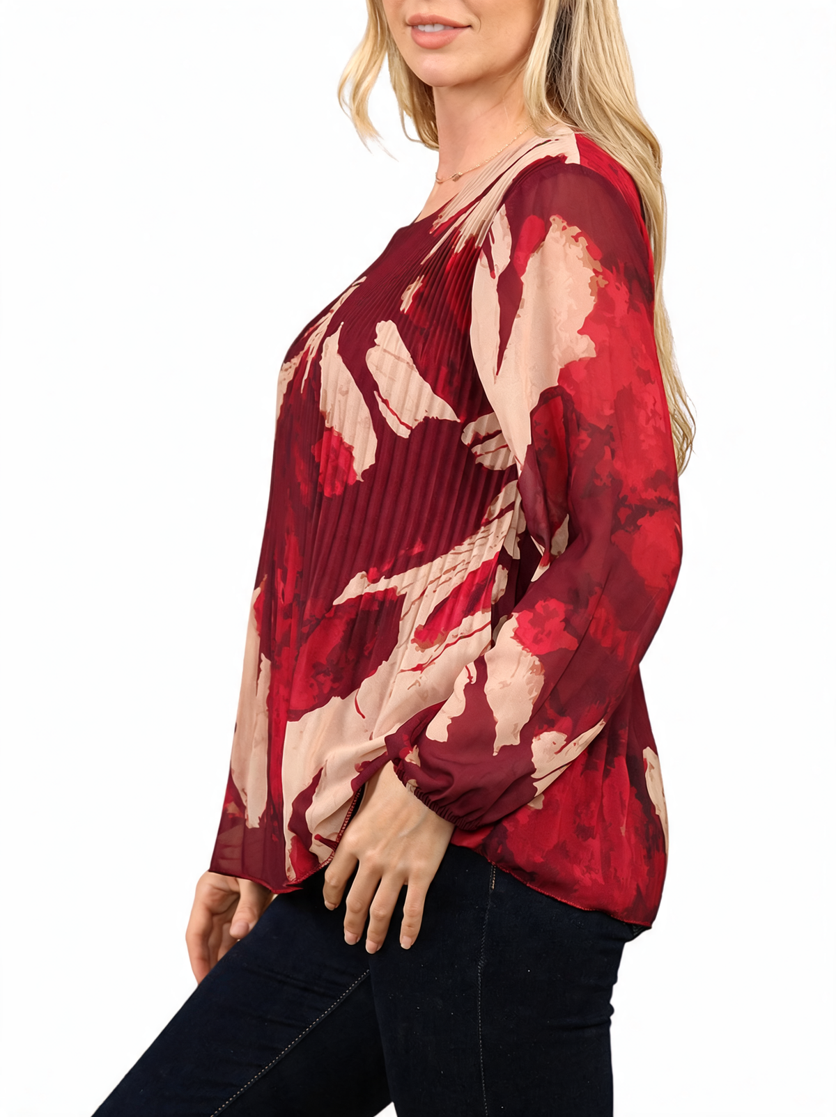 Tropical Print Pleated Long Sleeve Abstract Leaf Top