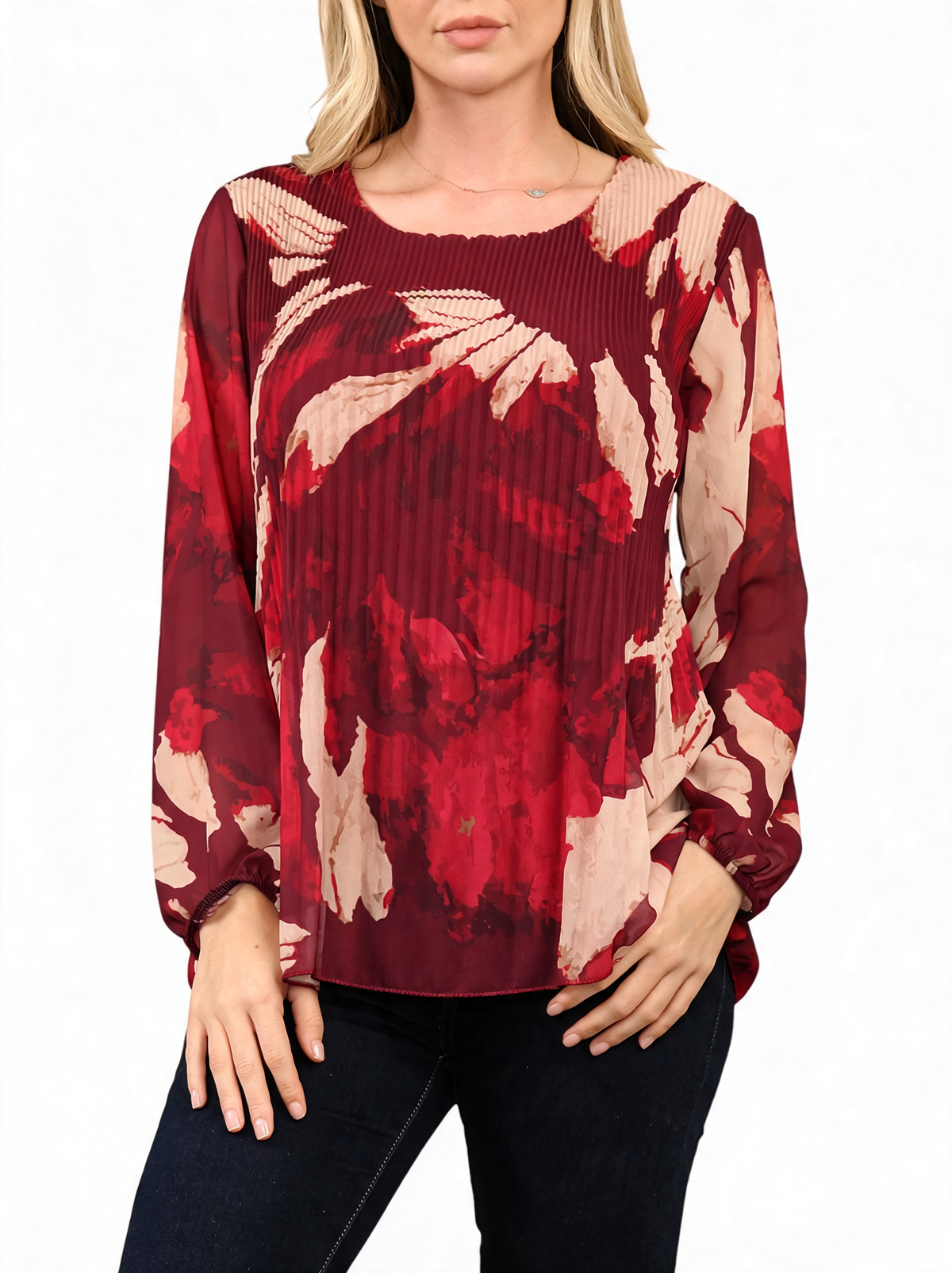 Tropical Print Pleated Long Sleeve Abstract Leaf Top