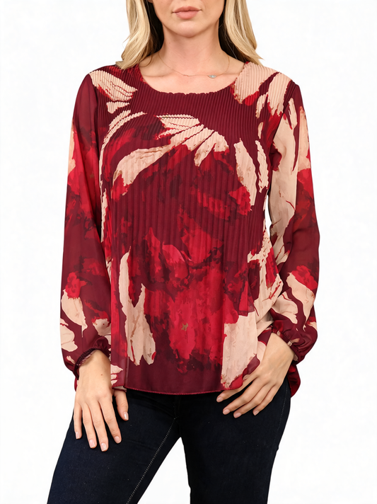 Burgundy abstract leaf print long-sleeve pleated top with round neckline