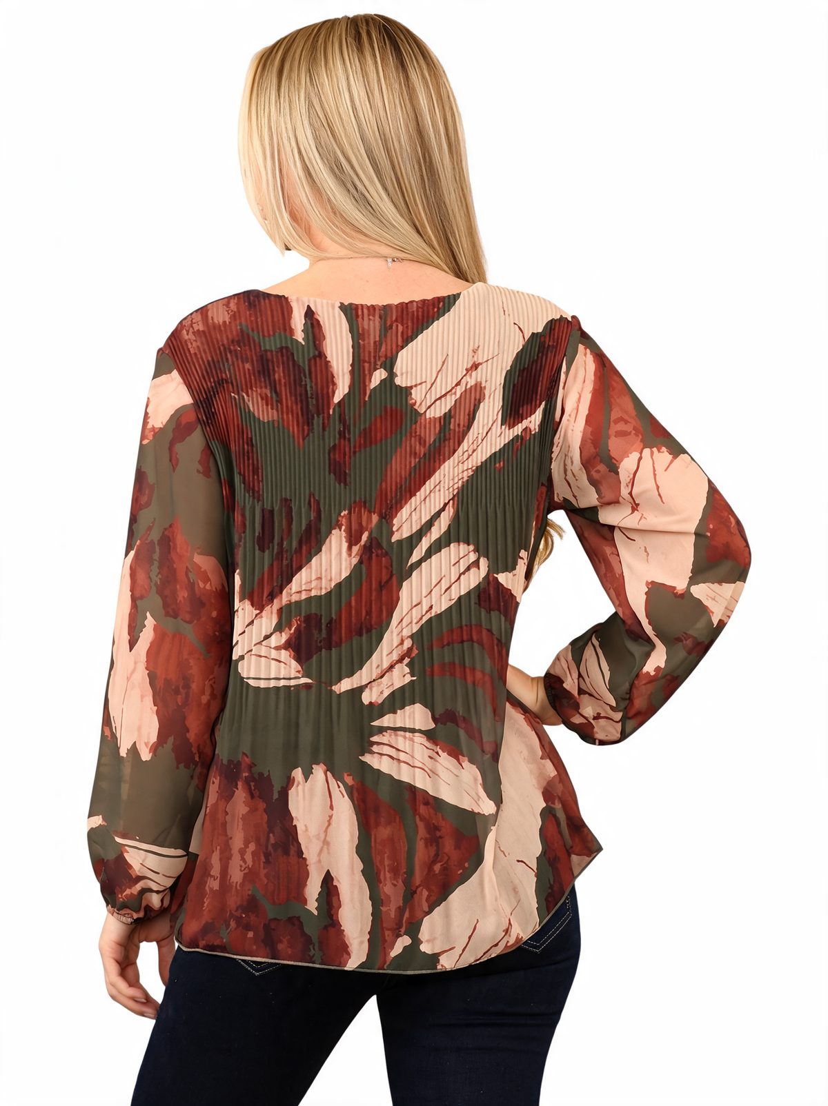 Tropical Print Pleated Long Sleeve Abstract Leaf Top