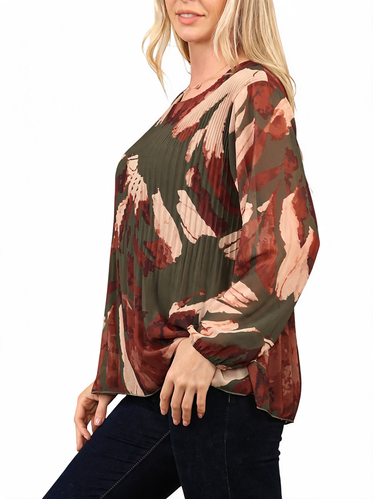 Tropical Print Pleated Long Sleeve Abstract Leaf Top
