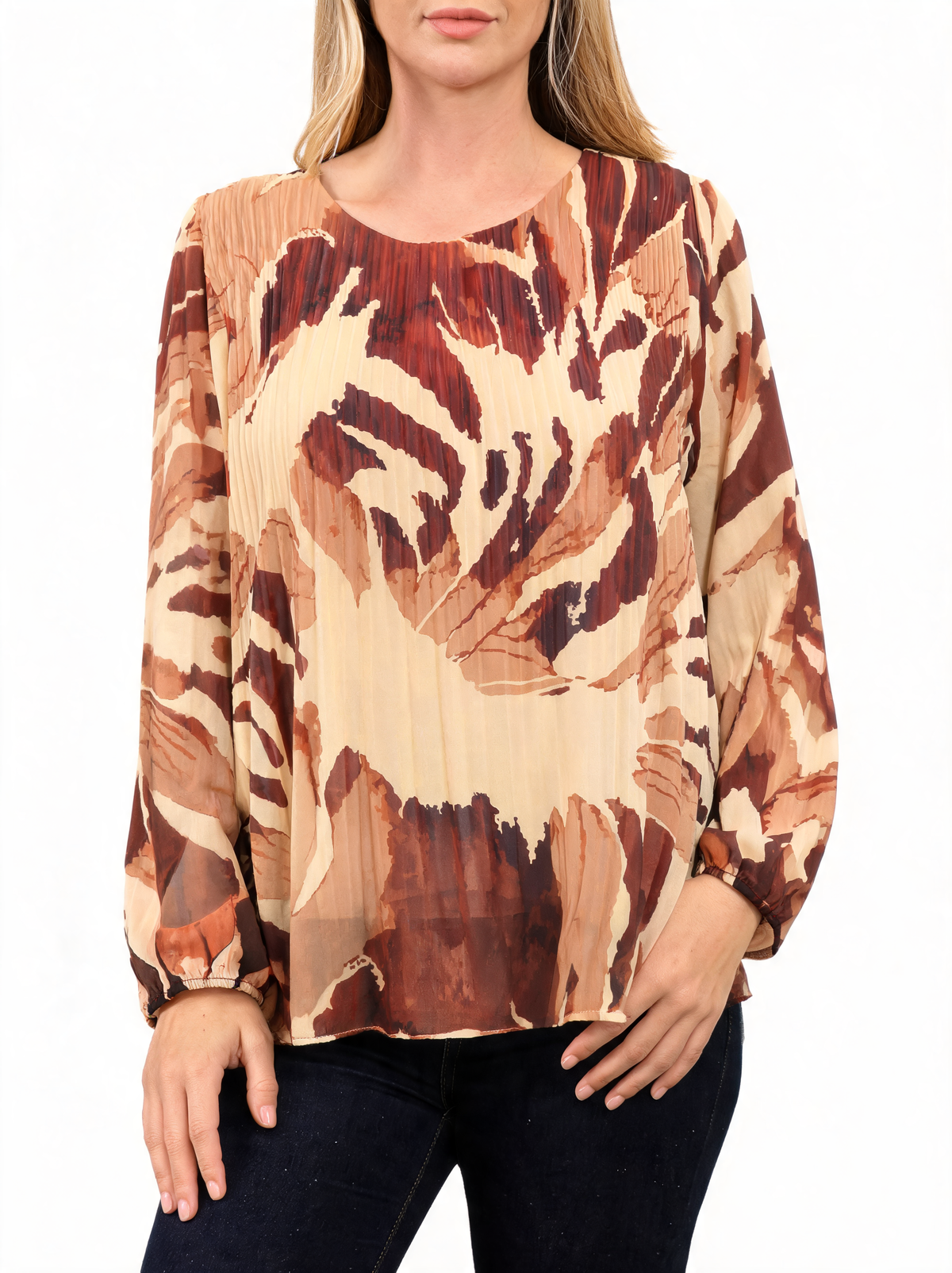 Tropical Print Pleated Long Sleeve Abstract Leaf Top