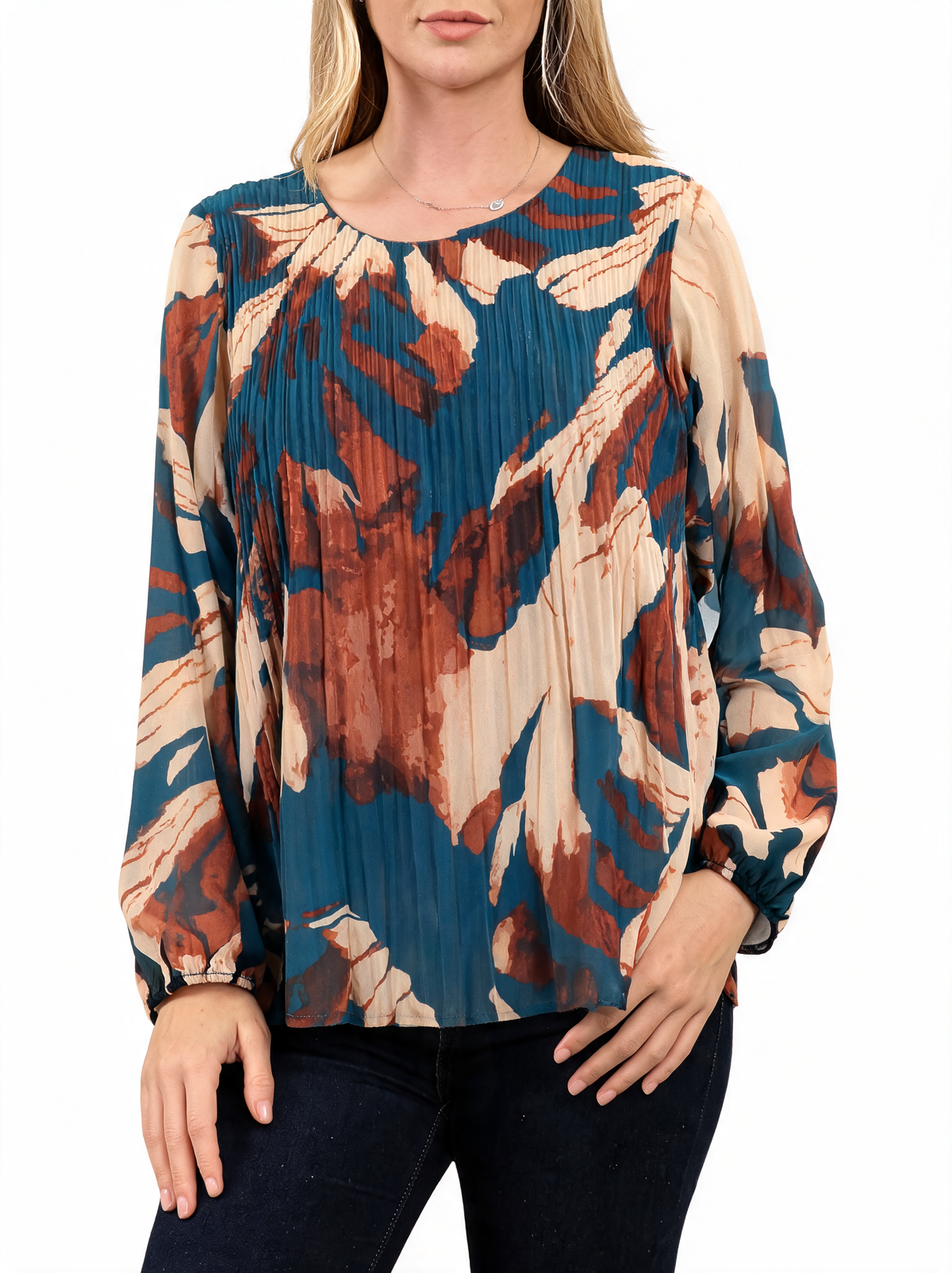 Tropical Print Pleated Long Sleeve Abstract Leaf Top