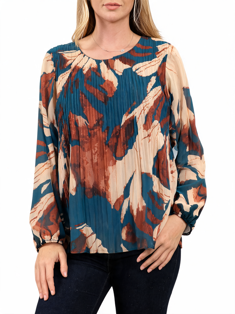 Teal and rust abstract leaf print long-sleeve pleated top with round neckline