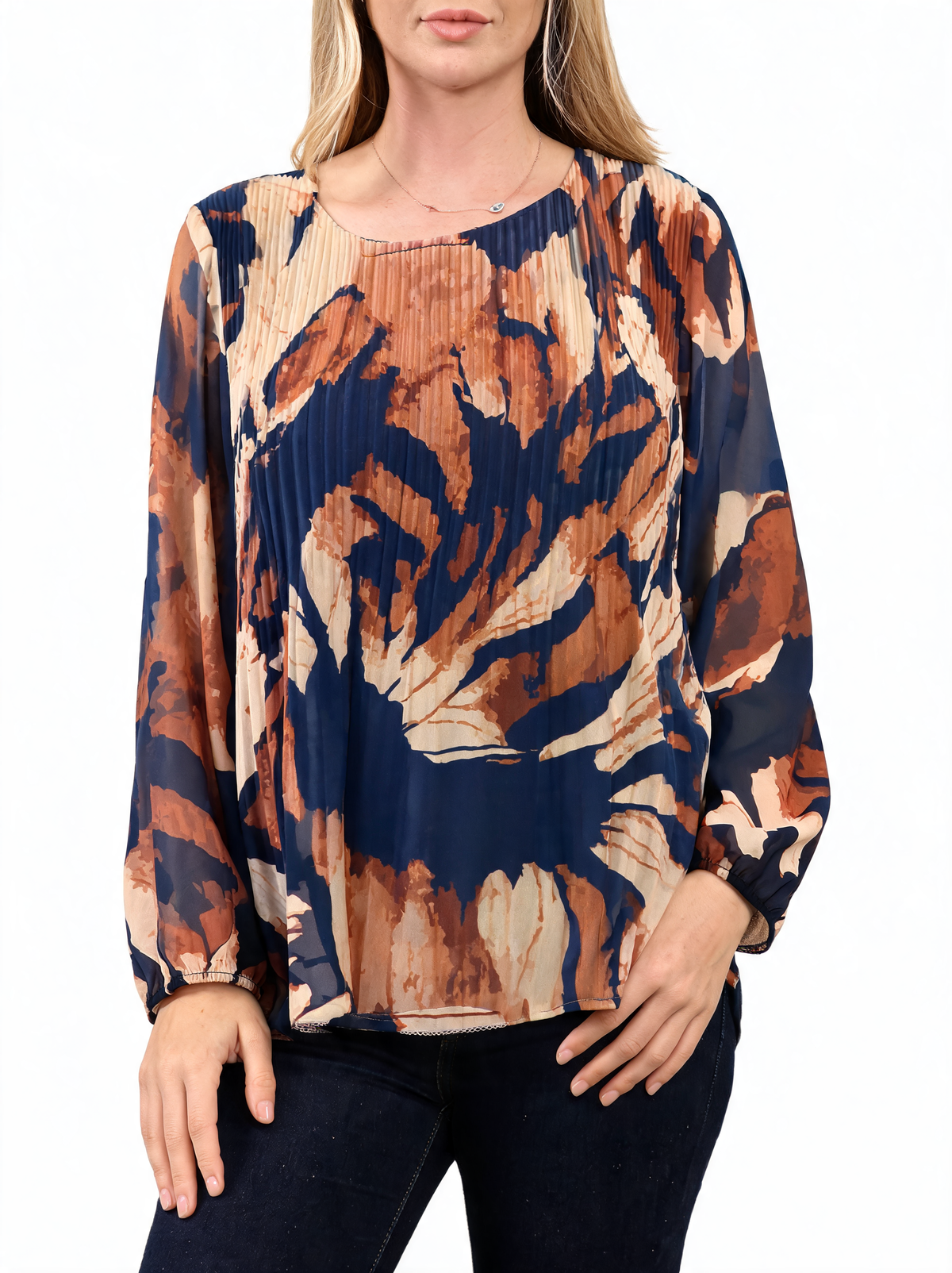 Tropical Print Pleated Long Sleeve Abstract Leaf Top