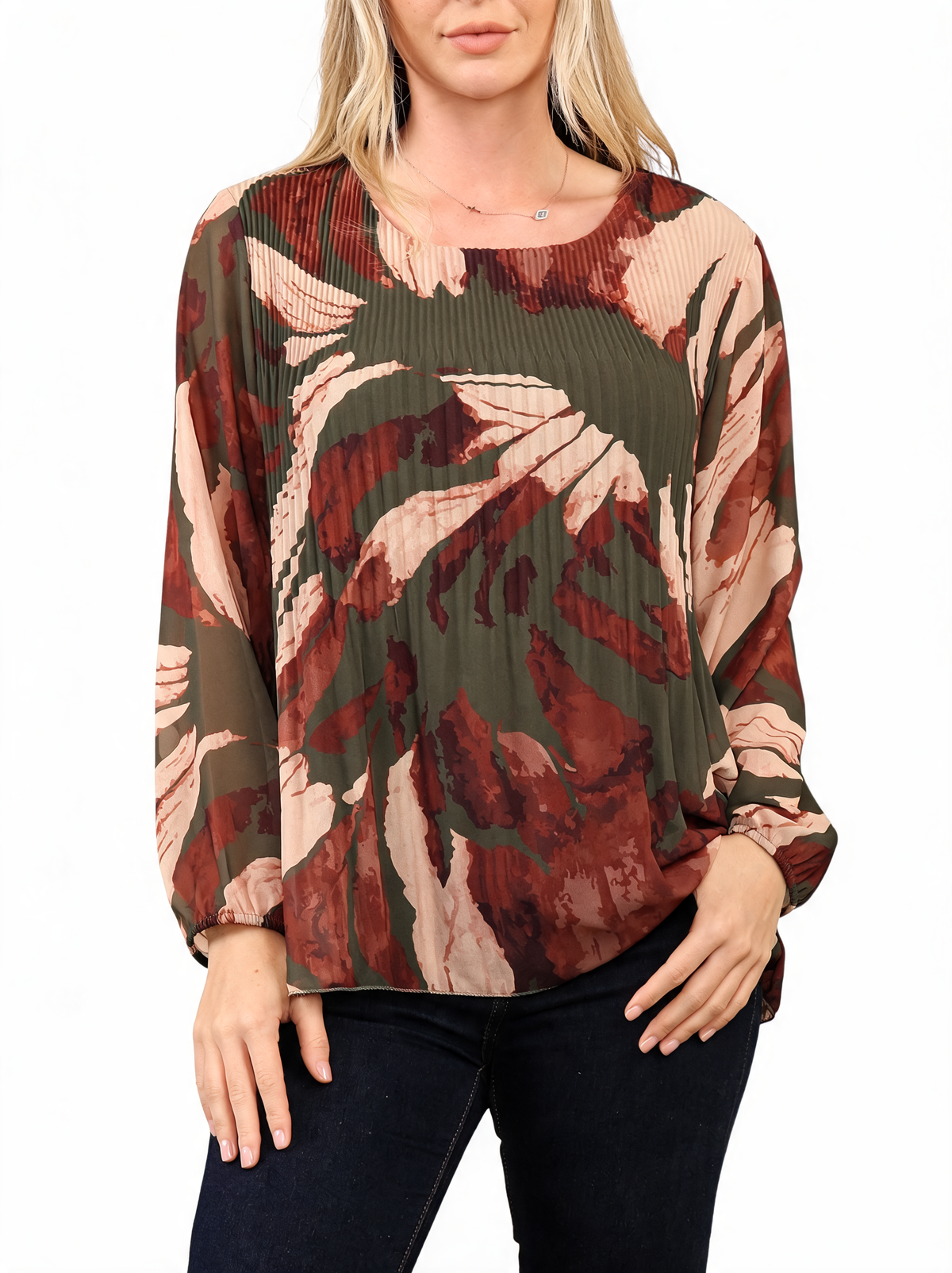 Tropical Print Pleated Long Sleeve Abstract Leaf Top