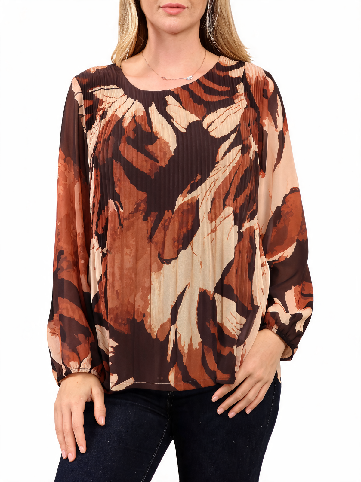 Tropical Print Pleated Long Sleeve Abstract Leaf Top