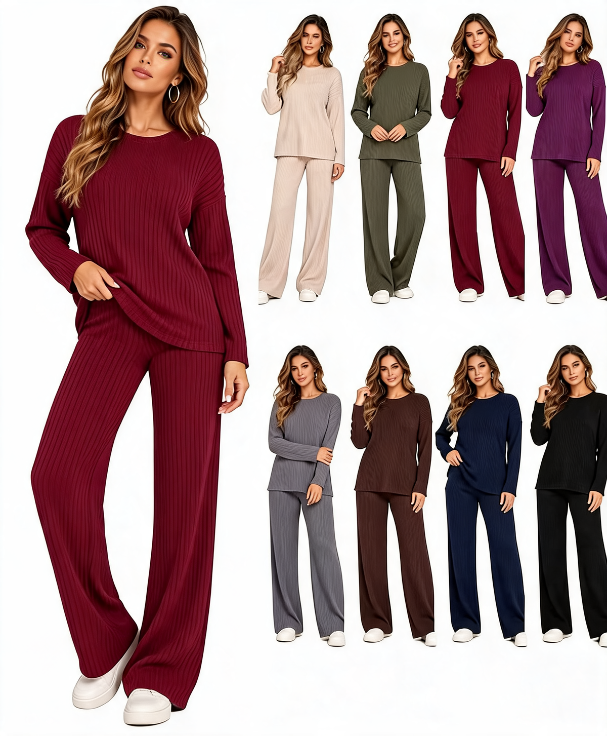 Burgundy ribbed knit long-sleeve lounge top and wide-leg pants set