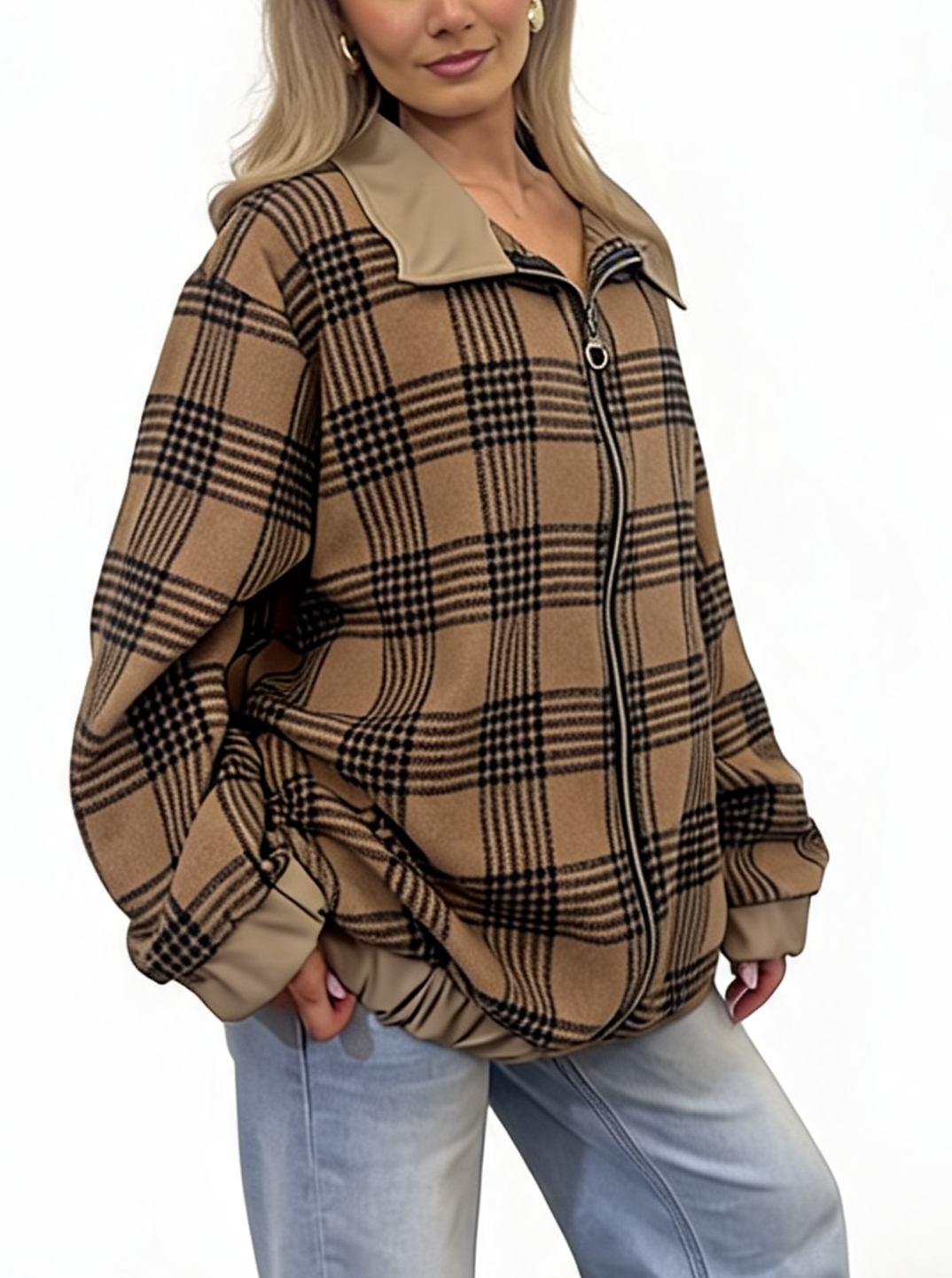 Oversized Check Zip-Up Plaid Collared  with Contrast Trim Bomber Jacket