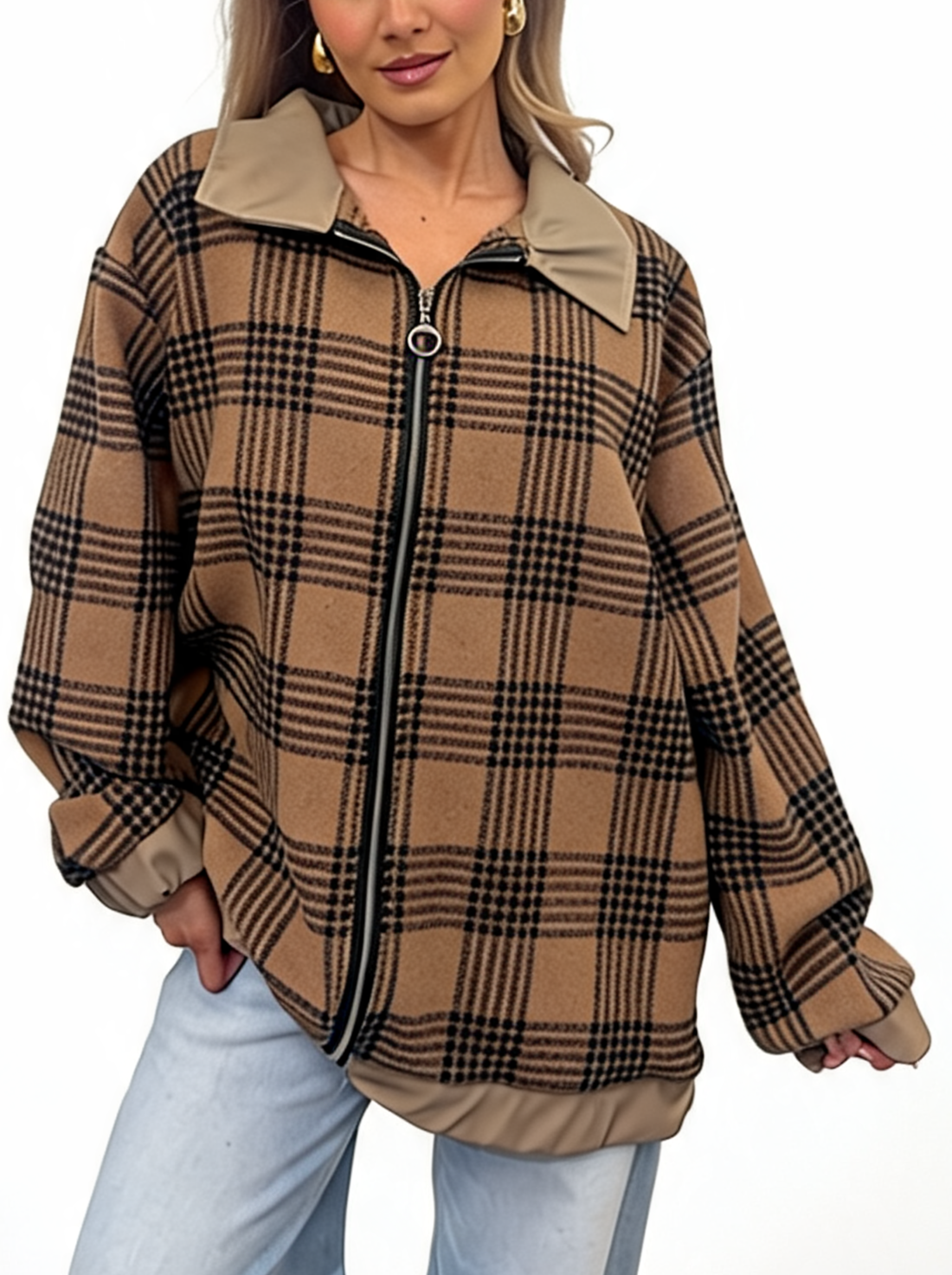 Oversized Check Zip-Up Plaid Collared  with Contrast Trim Bomber Jacket